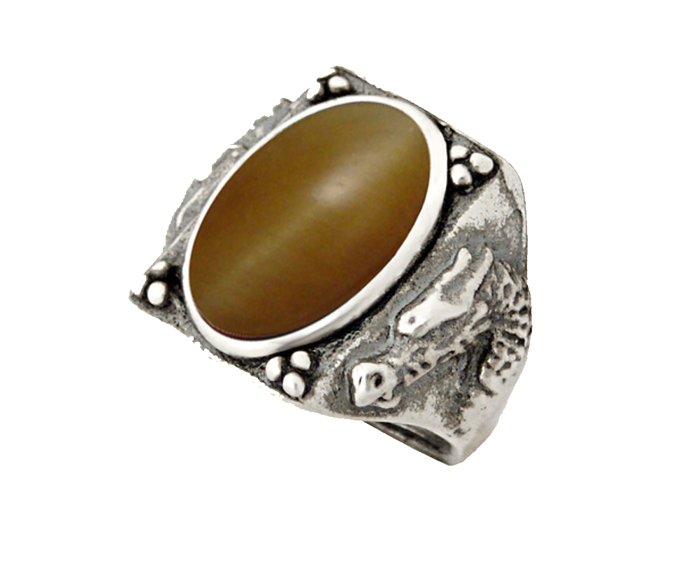 Sterling Silver Heavy Weight Dragon Ring With Honey Tiger Eye Size 12